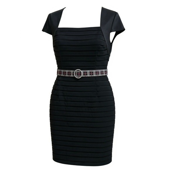 Adrianna Papell Dresses & Skirts - Adrianna Papell Black Belted Beaded Dress 12P Square Neck Eveningwear